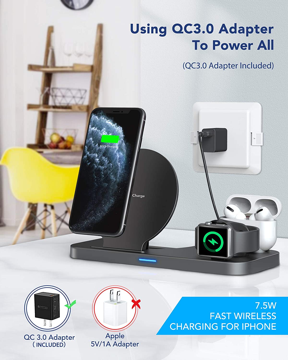 3 In 1 Qi Fast Wireless Charging Smart Station Dock